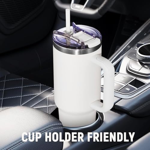 40 oz Tumbler with Handle and Straw Lid,Insulated Reusable Stainless Steel Water Bottle Travel Mug，Cupholder Friendly Double Wall Vacuum Sealed Cup (Snow) - Image 5