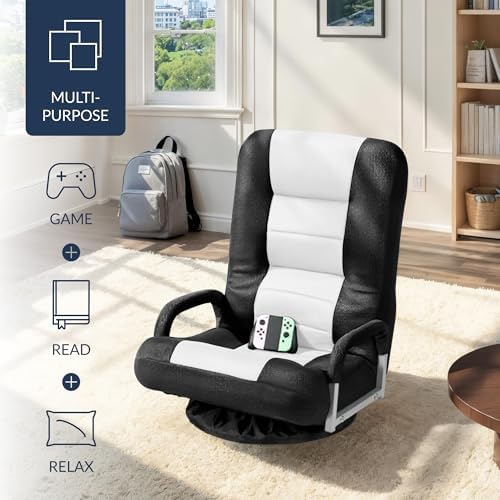 Best Choice Products Swivel Gaming Chair 360 Degree Multipurpose Floor Chair Rocker for TV, Reading, Playing Video Games w/Lumbar Support, Armrest Handles, Adjustable Foldable Backrest - Black/White - Image 4