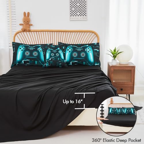 PERFEMET 6-Piece Boys Gamer Comforter Set Full Size Teal Blue Video Game Controller Bedding Comforter Set with Sheets Lightweight 3D Black Gaming Pattern Bed in a Bag for Kids Teen(Teal, Full) - Image 5