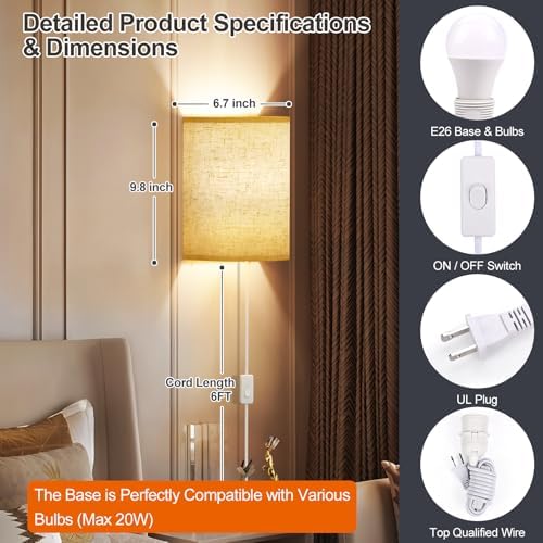 Yunaking Plug in Wall Sconces Set of Two Wall Lights with On/Off Switch - Image 5