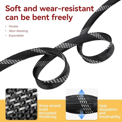 Braided Cable Sleeve, 16.4ft Expandable Mesh Cable Management Sleeve, Wear-Resistant Cord Protectors from Pets No Chew Flexible Wire Sleeving for Audio Video (Black and Silver, 1/2") - Image 3