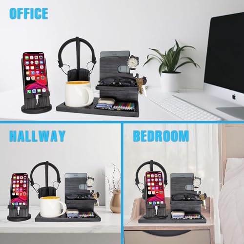 Gift for Men Nightstand Organizer with Headphone Stand & Rotating Phone Stand, Stylish Headphone Holder to Keep Desk Accessories for Men Organized, Unique Dad Birthday Gift, Gifts for Boyfriend - Image 2