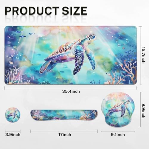 Arttown Keyboard Mouse Pad Set, 4 in 1 Desk Mat Set Sea Turtle - Image 2