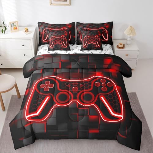 Feelyou Kids Gamer Queen Comforter Set Sheets 7 Piece Red Black Bedding Set - Image 3