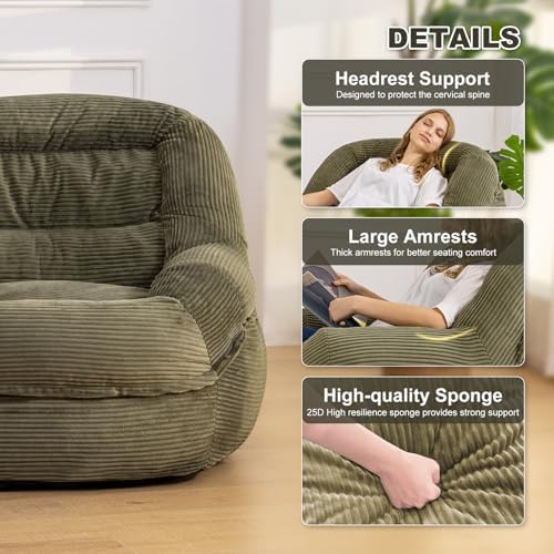 Giant Bean Bag Chair for Adults, Oversized Floor Lounge Chair with Armrests | Olive Green, soft corduroy and resilient foam for living rooms, bedrooms, reading nooks, gaming rooms, movie nights, and pets - Image 4