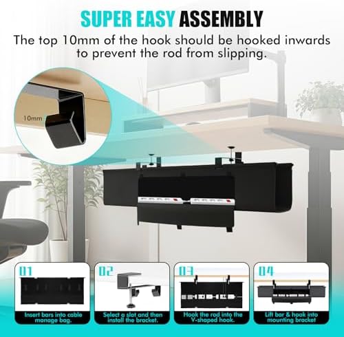 No Drill Under Desk Cable Management Tray - 36" Premium Fabric Cord Organizer for Table - with Silicone Pads & Cable Ties & Sticky Notes - Supports Up to 30lbs for Office & Home - Image 6