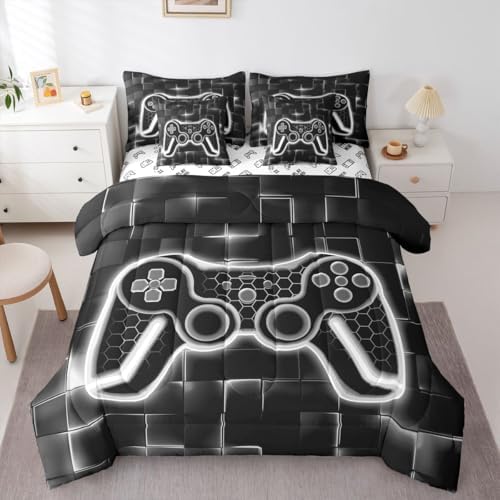 Feelyou Kids Gamer King Comforter Set with Sheets 7 Piece Grey and Black Bedding Set for Boys Teens Decor Gaming Ombre Bed in a Bag Geometric Square Bed Set - Image 3