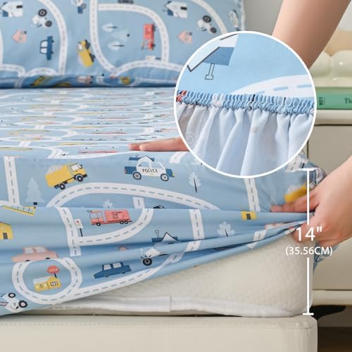 Full Sheets Set for Boys Kids - 4-Piece Car Town Bedding Set, Breathable Blue Town 3D Fitted Sheets with 14" Deep Pocket, Ultra-Soft Lightweight Bedroom Essentials - Image 4
