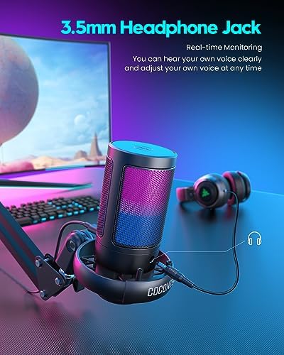 COCONISE Gaming Microphone, USB PC Mic for Podcasts Videos, Streaming, Condenser Mic with Quick Mute, Tripod Stand, Pop Filter, RGB Indicator, Shock Mount, Rotate gain button, Compatible with PS4/5/PC - Image 3