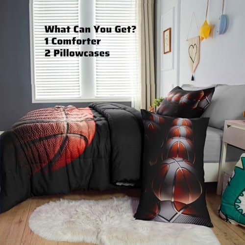 Teens Boys Sports Comforter Set Twin,Basketball Bedding Set for Kids,Sports Orange Basketball Comforter Sets,Black Teenage Boy Bedroom Bed Set 3 Pieces with Pillowcases - Image 3