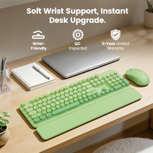 Wireless Keyboard and Mouse Combo, Magnetic Soft-Touch Wrist Rest, Round Keycaps, Full-Size Retro Typewriter Keyboard, 2-Stage Tilt Legs, Auto Sleep, 2.4GHz Cordless for Windows PC (Green Ombre) - Image 2