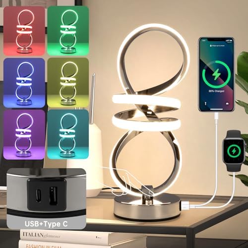 EIDISUNY RGB Spiral Table Lamp, Modern LED Table Lamp, Chrome Cool Bedside Lamps, 7 Colors & 10 Light Modes Touch Dimmable LED Nightstand Lamp with USB/Type C for Bedroom, Living Room,Silver by BuyNow%EF%BC%81