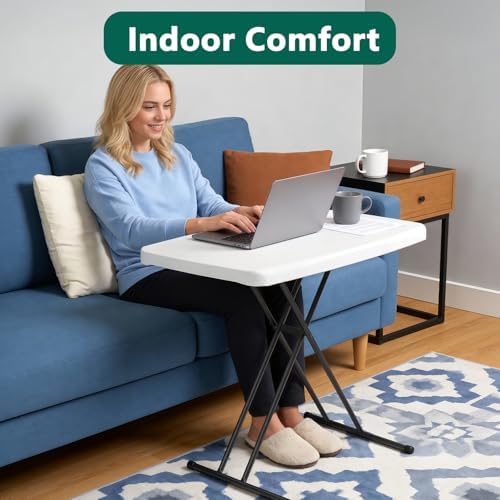 Folding Table 30 Inch - Small Desk Adjustable Height TV Tray for Laptop, Couch, Camping - Heavy Duty Utility Foldable Table for Small Spaces, No Assembly Required,Plastic White Granite - Image 3