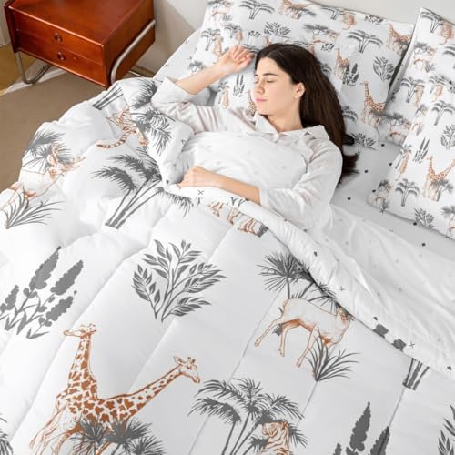 Feelyou Cute Giraffe Comforter Set with Sheets 7 Piece Queen Size Tiger Bedding Set for Kids Boys Girls Deer Bed in a Bag Jungle Animals Room Decor Botanical Tropical Tree Grey Orange - Image 7