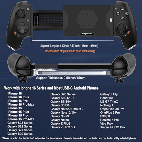 Megadream Phone Controller for iPhone 17/iPhone 16/iPhone 15/Android USB C Mobile Gaming Controller with 3.5mm Audio Jack, Remote Player Gamepad for PS5/PS4/Xbox/PC, Cloud Game, Plug and Play, Hall Joysticks/Hall Trigger, 2 Mappable Buttons - Image 6