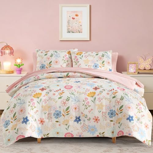 Twin Comforter Set for Girls - 5 Pieces Pastel Floral Twin Bedding Sets by KaleidoSpaceHomeCollection