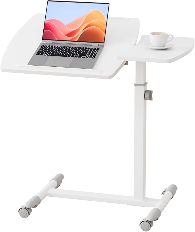GTPLAYER Small Standing Desk, 28 Inches Tiltable Mobile Rolling Laptop PC Table with Lockable Casters, Adjustable Height Overbed Bedside Table Computer Workstation for Home Office, White-Tiltable by GTPLAYER