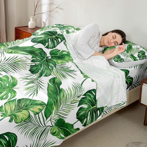 Erosebridal Palm Leaves Bed Sheets Hawaiian Sheet Set Monstera Banana Leaves Bedding Set King Size Summer Tropical Leaves Fitted Sheet for Living Room Bedroom Decor, Green White Flat Sheet - Image 3