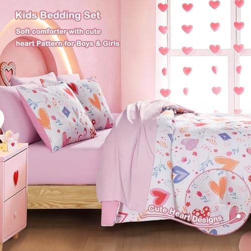 Girls Twin Bedding Set - 5 Pieces Heart Pattern Twin Comforter Set for Kids - Image 3