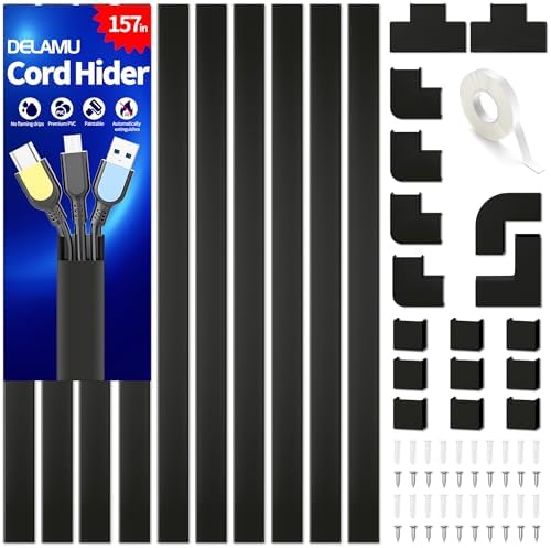 Cable Hider, 157in Delamu Cord Hider Wall for Wall Mounted TV, Wire Hider Kit, Paintable Cable Concealer Raceway Management for Home & Office, 10XL15.7 W0.95 H0.55in, Black by DELAMU