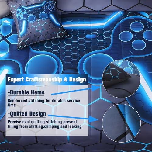 JQinHome Twin Gamer Comforter Set 6 Piece Bed in A Bag for Boys,3D Video Game Bedding -All Season Soft Microfiber Down Alternative Comforter Gamer Bedding Sets for Kids (Blue) - Image 6