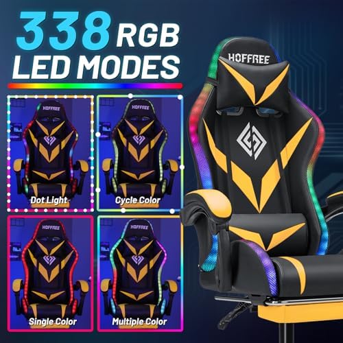 LED Gaming Chair with Speakers RGB Lights Massage Computer Chairs-Yellow | Bluetooth Game Chairs for Adults;Ergonomic High Back Video Game Chair; Reclining Gamer Chair with Footrest Lumbar Support - Image 4