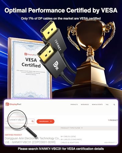 IVANKY VESA Certified 8K DisplayPort Cable 1.4, 6.6ft DP Cable Supports HDR - Image 2