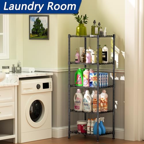 REGILLER 5-Wire Shelving Metal Storage Rack Adjustable Shelves,Standing Storage Shelf Units for Laundry Bathroom Kitchen Pantry Closet(Black,11.8" D x 16.6" W x 53.5" H) - Image 4