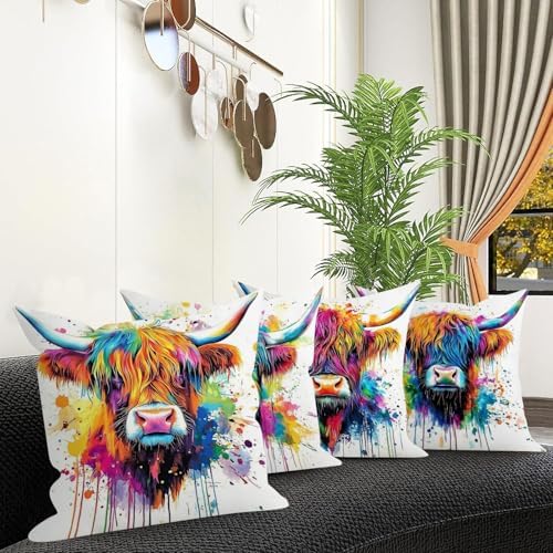 Highland Cow Pillow Covers for Couch Graffiti Cows Pattern Decorative Pillowcase Bedroom Living Room Decor Modern Farmhouse Western Animal Print Cushion Case Bed Sofa Home Decoration 18x18" Set of 4 - Image 5