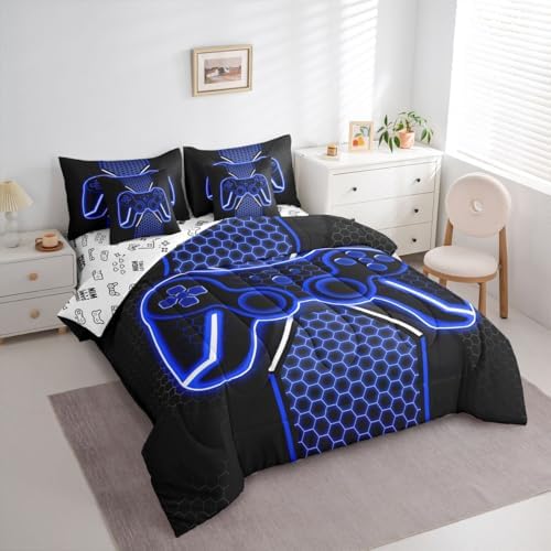 Feelyou Blue and Black Bedding Set Queen Size Gamer Comforter Set with Sheets 7 piece Game Controller Bed in a Bag Teens Decor Honeycomb Bed Set with Comforter,Sheets,Pillowcases & Cushion Covers - Image 2