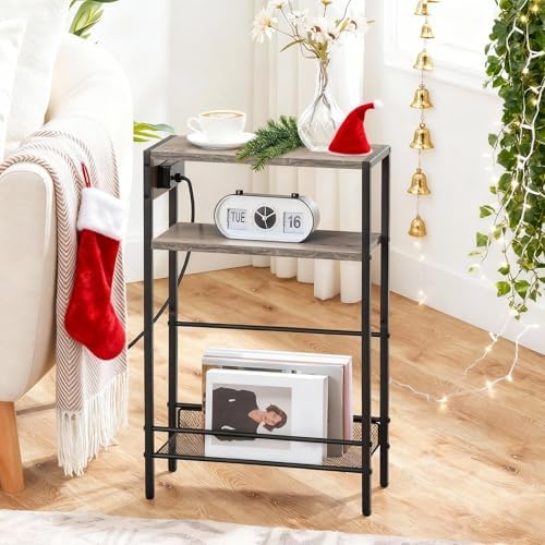HOOBRO Small Narrow Side Table with Charging Station, Skinny End Table for Small Spaces, Slim Nightstand with USB Ports Outlet, Sofa Beside Table with Storage Shelf, Greige and Black BG102UBZ01 - Image 2