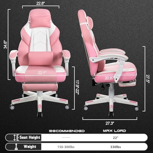 Gaming Chair for Adults, Video Game Chair with Footrest, Big and Tall Gaming Chair Heavy Duty Computer Chair with Massage Lumbar, Ergonomic Adjustable Height and 360° Swivel Seat, PU Leather, Pink - Image 6