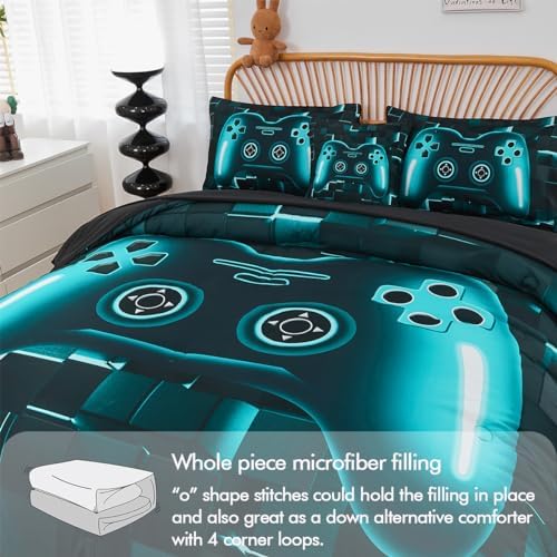 PERFEMET 6-Piece Boys Gamer Comforter Set Full Size Teal Blue Video Game Controller Bedding Comforter Set with Sheets Lightweight 3D Black Gaming Pattern Bed in a Bag for Kids Teen(Teal, Full) - Image 6