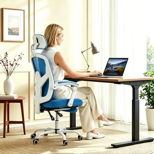 Ergonomic Office Chair with Footrest, Computer Gaming Chair | Adjustable Headrest, Lumbar Support, Swivel Reclining, Padded Armrest, Mesh High Back, Home Desk Work Study, Blue - Image 2