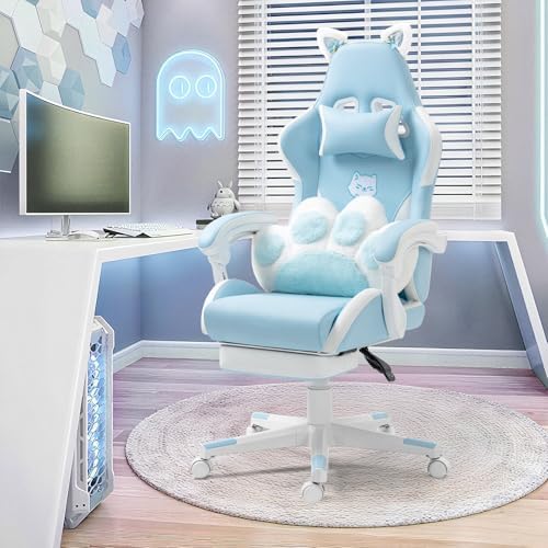 Cute Ergonomic Gaming Chair with Footrest, Girls Blue Gaming Chair with Cat Ears & Paw Lumbar Pillow for Adults Women Teens, 310 Lbs Capacity (Cute Blue) - Image 2
