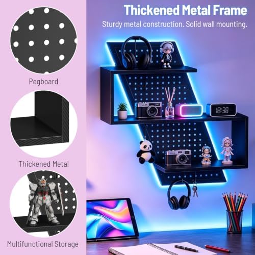 S-Shaped Gaming Floating Shelf with LED Light Strip, 3 Tier Wall Floating Shelf with Pegboard & 4 Removable Hooks, for Bedroom, Game Room, Living Room, Study, Black - Image 4