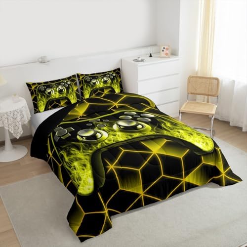 Yellow Game Console Comforter Set for Boys, Neon Geometric Gamer Bedding Set, 3D Geometric Comforter Set with Flame Gaming Consoles Gamer Decor - Image 6