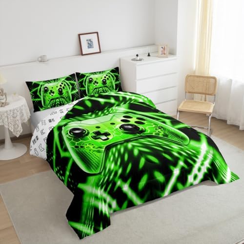 Feelyou Kids Gamer Bedding Set Toddler Size Geometric Game Controller Comforter Set for Boys Girls Teens Game Room Decor Green Black Gaming Duvet Quilt - Image 2