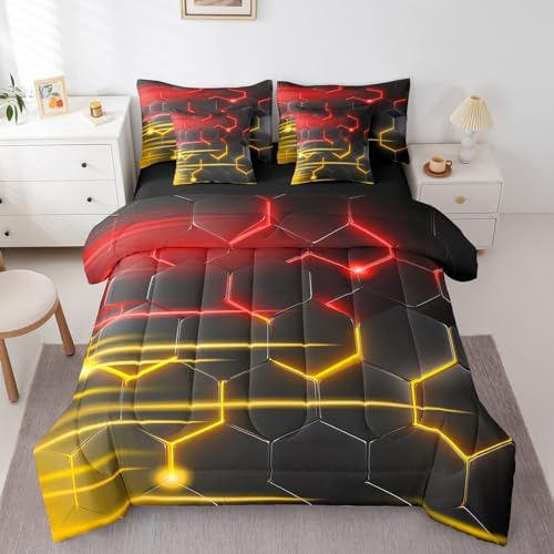 Feelyou Honeycomb Bedding Set Geometrical King Comforter Set with Sheets for Kids Boys Girls Teens Room Decor Modern Hexagon Theme Bed in a Bag 7 Piece Beehive Red Yellow Bed Set by Feelyou