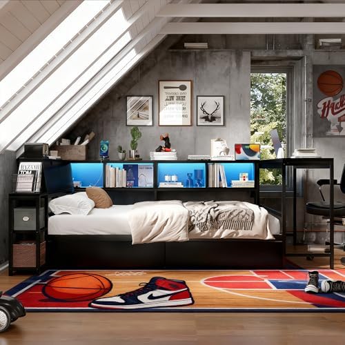 Bellemave Twin Size Corner Bed Frame with Storage Drawers, Bookcase and Side Desk, Twin Corner Bed with Light and Charging Station, Daybed for Bedroom, Living Room, Guest Room Black - Image 3