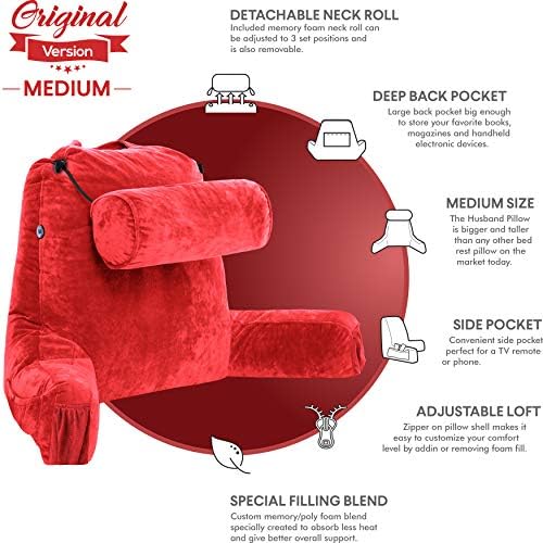 Husband Pillow Medium Reading Pillow with Arms - 23" Backrest for Sitting Up in Bed - Firm Support Bed Rest Pillow for Adults, Neck Roll, Removable Cover - TV, Reading, Lounging - Red - Image 5