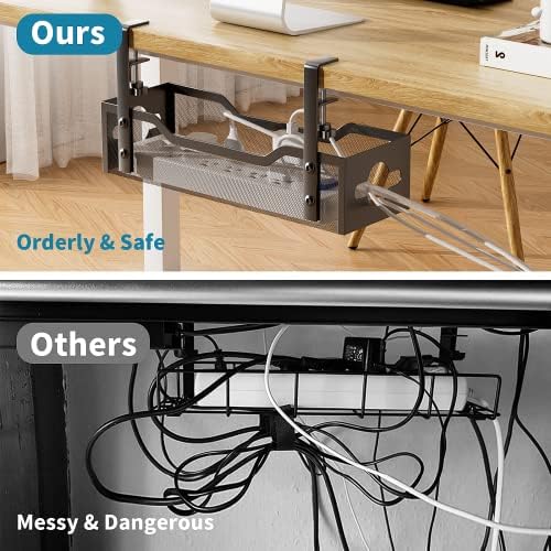 Under Desk Cable Management Tray No Drill, Metal Mesh Cable Management Under Desk with Clamp Mount, 2 Hole Cable Tray with Wire Management and Cord Organizer for Home Office Standing Desk - Image 4