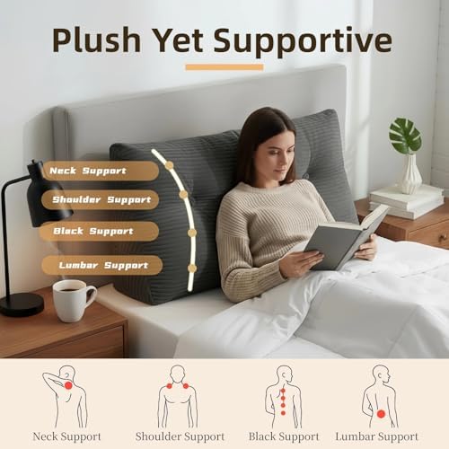 Wedge Reading Pillow Headboard Full Size, Headboard Bolster Pillow for Bed, Triangular Backrest Cushion with Removable Corduroy Cover, Darkgrey - Image 3