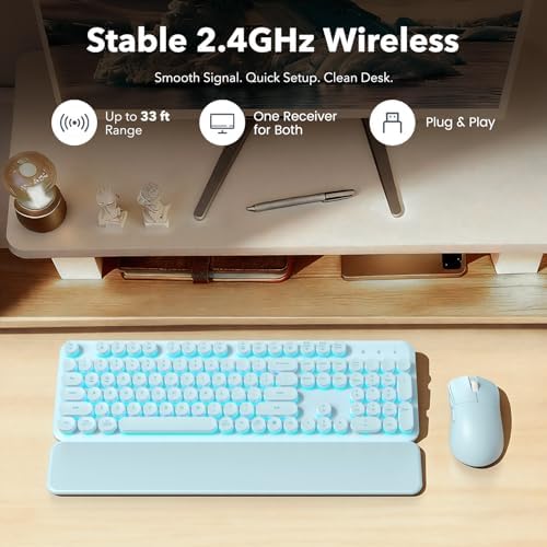 Wireless Keyboard and Mouse Combo, Backlit Round Keycaps, Retro Typewriter Keyboard with Detachable Wrist Rest, Rechargeable & Tilt Legs, 2.4GHz Cordless Connection for Windows/PC (Glowing Blue) - Image 7
