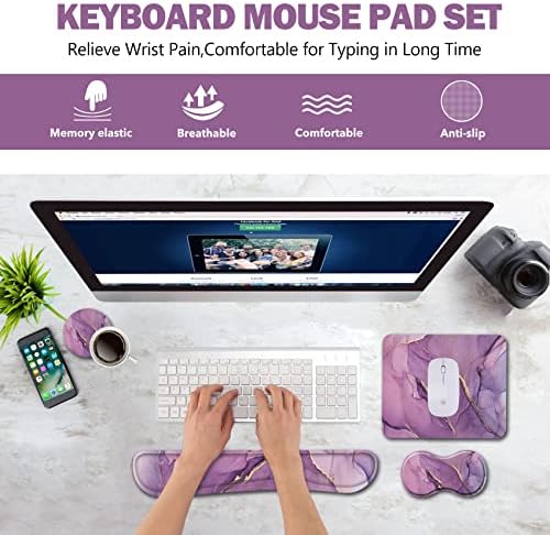 AIMSA Keyboard Wrist Rest Support + Mouse Pad + Mouse Wrist Rest + Coaster, Ergonomic Memory Foam Anti-Slip Rubber Base 4 PCS Set Easy Typing Pain Relief, Purple Marble - Image 2