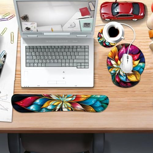 Keyboard Wrist Rest and Mouse Pad Wrist Support Set with Coaster,Ergonomic Mouse Pad,Comfortable for Easy Typing, Pain Relief,Memory Foam Keyboard Pad Set for Laptop Mac,Blue Fractal Flower - Image 7