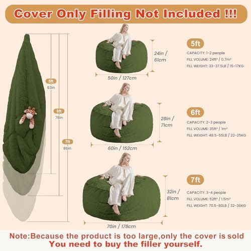 Bean Bag Cover (No Filler), Faux Fur Beanbag Chairs Covers Only, Stuffed Animal Storage Bean Bag, Giant Washable Beanbag Cover Without Filling, 5FT, Dark Green - Image 2