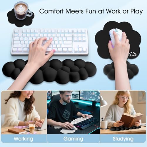 Cloud Wrist Rest Keyboard Cushion and Cloud Mouse Pad, Black | 4-in-1 Ergonomic Cloud Keyboard Wrist Rest Set, Memory Foam, Arm Support for Palm, Cute Desk Accessory for PC Gaming Setup - Image 6