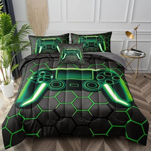 BDUCOK 5 Piece Gamer Comforter Sets Bed in A Bag for Boys Teen Kids,Honeycomb Gaming Bedding Sets Gamepad Comforter Microfiber Bed Set for All Season Gamer Home Decor(Green, 5 Piece Sets30021-Twin) - Image 6