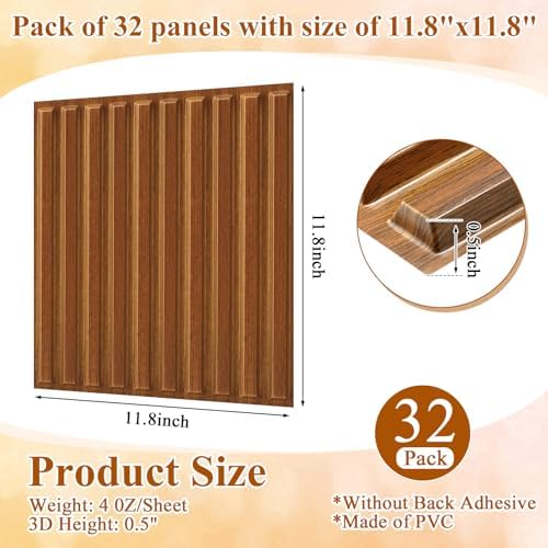 Nuanchu 32 Pcs 3D Wall Panels, 12"x12" PVC Fluted Tiles, Walnut - Image 2